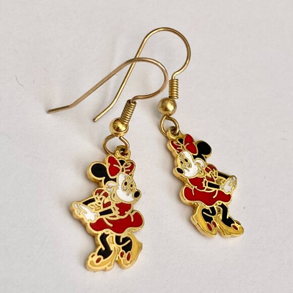 Vintage Disney Minnie Mouse Earrings Disneyana Gold Plated Enamel 1980' Taiwan - Picture 7 of 11